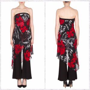 Joseph Ribkoff Floral Strapless Jumpsuit Wide Leg Pants 14 Asymmetric Black Red